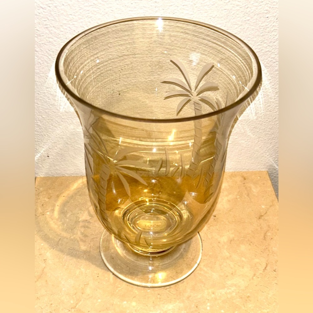 Lenox Crystal Hurricane Vase w/ Etched palm trees. 9x6.25” Romania